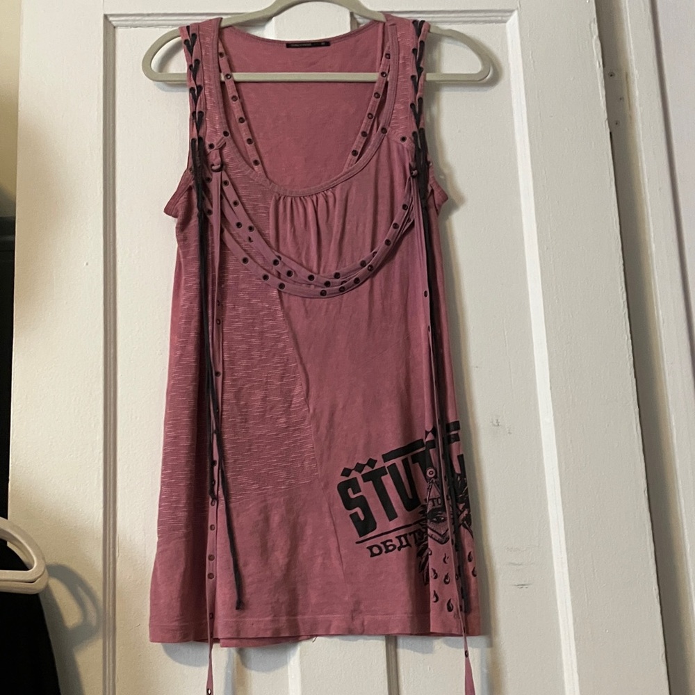 Salvage Rose-Pink Sleeveless Graphic Tank with Grommet Detail